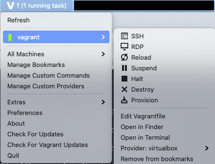Vagrant Manager : Status Menu