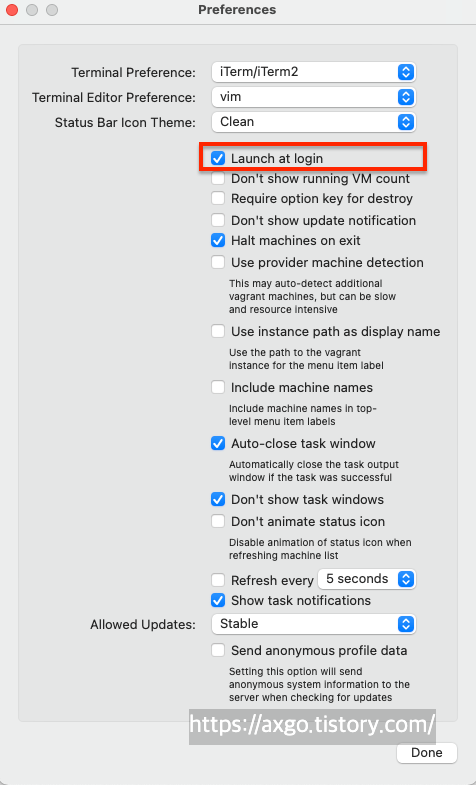 Vagrant Manger : [ Launch at Login ] Option