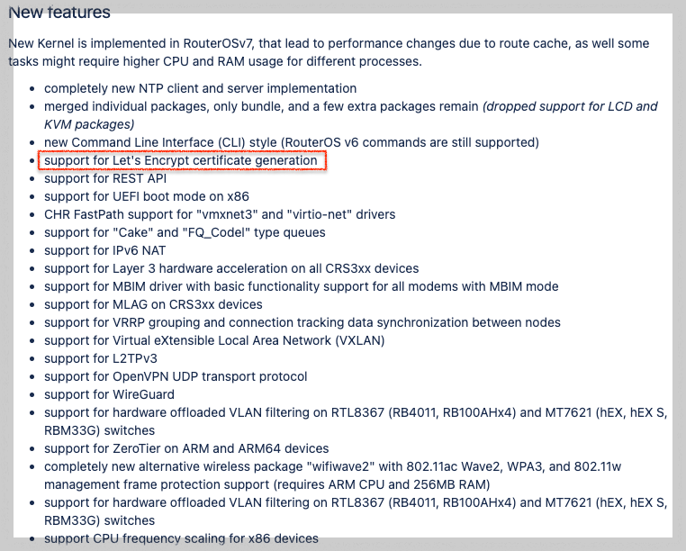 RouterOS v7 새 기능 목록에서 Let's Encrypt 인증서 발급 지원 항목을 표시한 화면