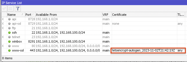Winbox IP Service List에서 www-ssl 서비스에 Let's Encrypt 자동 발급 인증서가 연결된 모습
