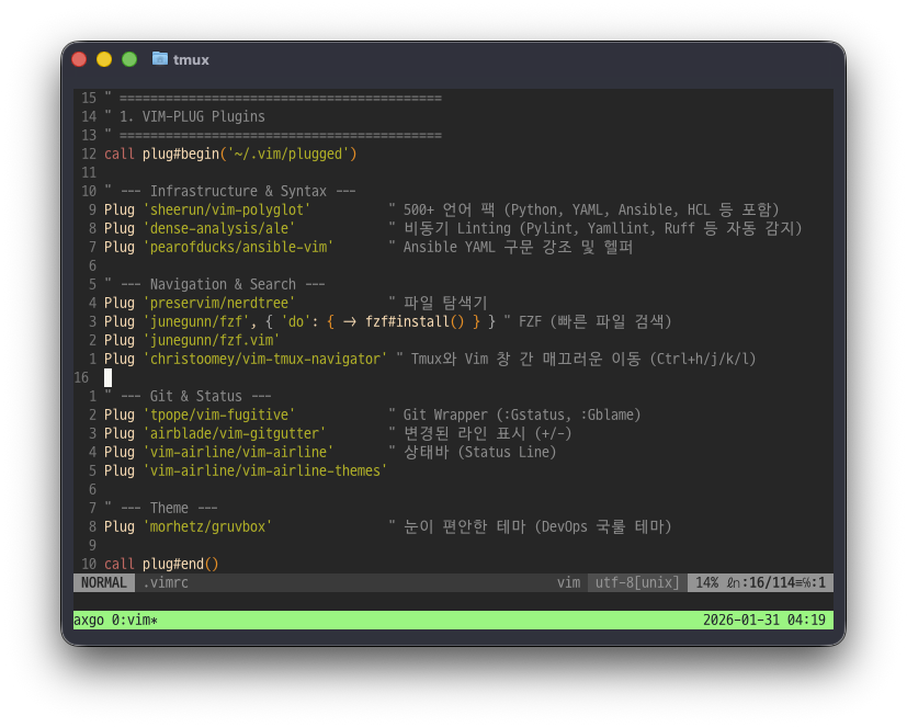 tmux 안의 vim으로 연 .vimrc의 vim-plug 플러그인 목록(vim-polyglot·ALE·fzf·vim-tmux-navigator·fugitive·airline·gruvbox)