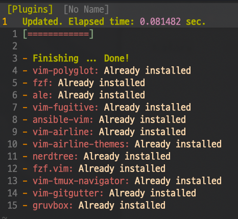 :PlugInstall 실행 뒤 플러그인 12개가 모두 설치됐다고 표시된 vim 창