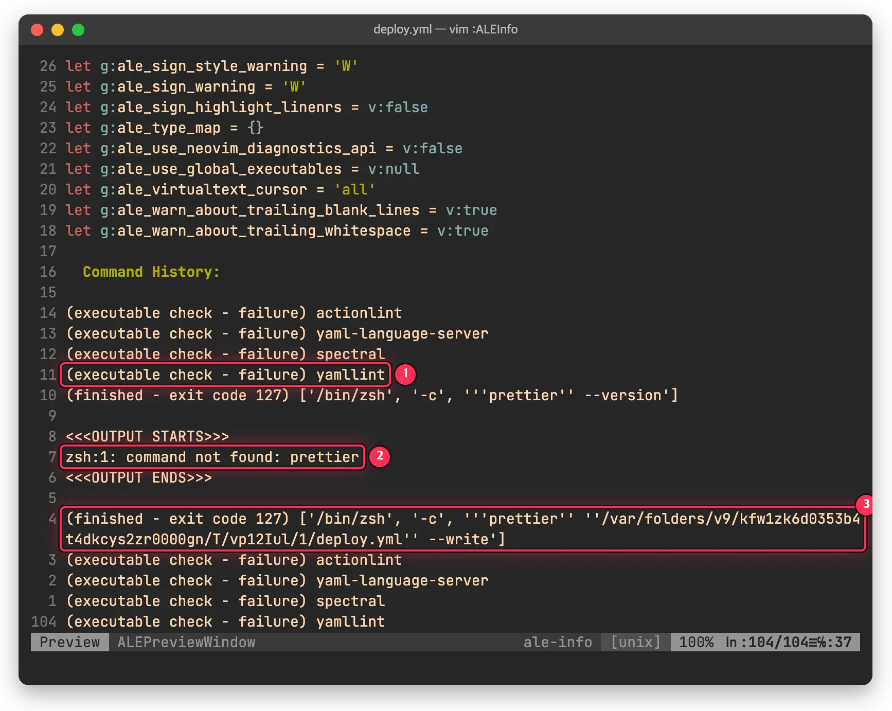 :ALEInfo 의 Command History 에서 yamllint 없음, prettier command not found, exit code 127 을 박스로 표시한 vim 화면