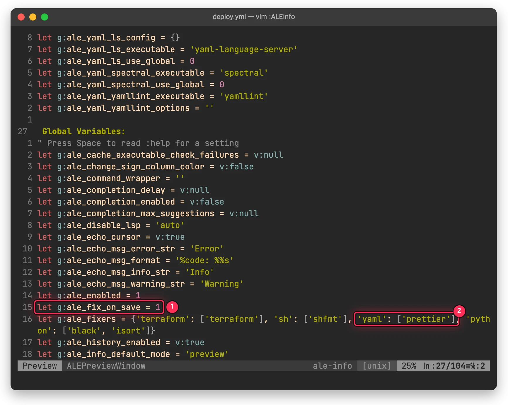 :ALEInfo 의 Global Variables 에서 g:ale_fix_on_save 와 yaml 의 prettier fixer 설정을 박스로 표시한 vim 화면