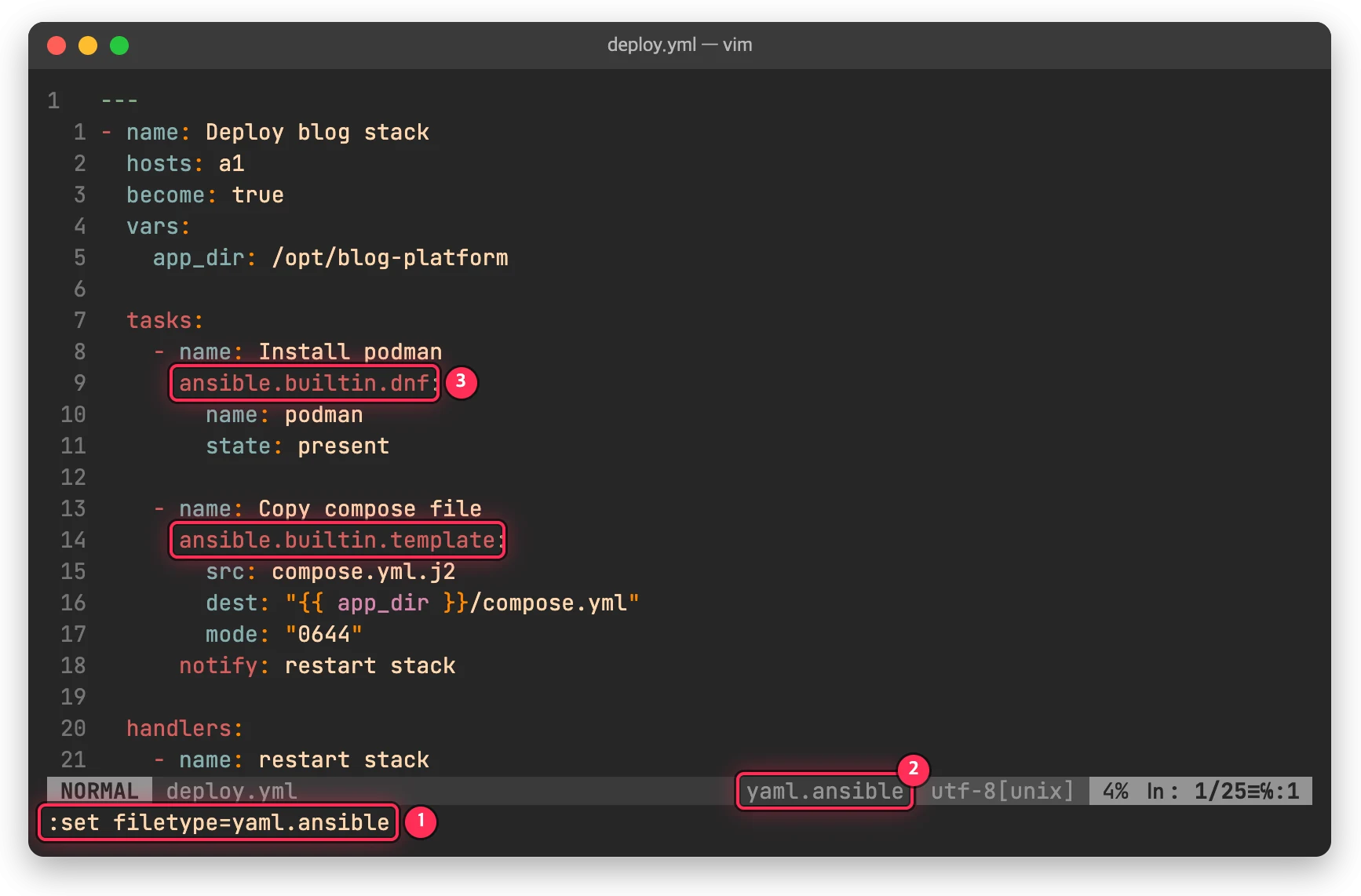 :set filetype=yaml.ansible 뒤 상태줄이 yaml.ansible 로 바뀌고 모듈 이름에 색이 입혀진 vim 화면