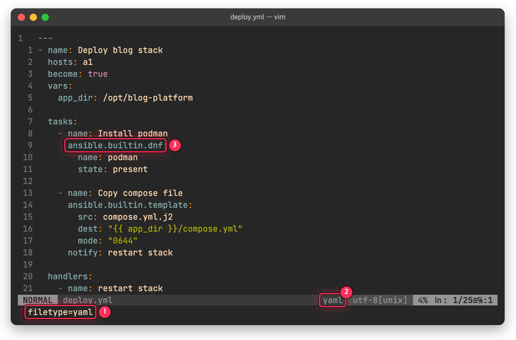 Ansible 플레이북이 filetype=yaml 로 잡혀 상태줄과 모듈 이름이 일반 yaml 로 보이는 vim 화면