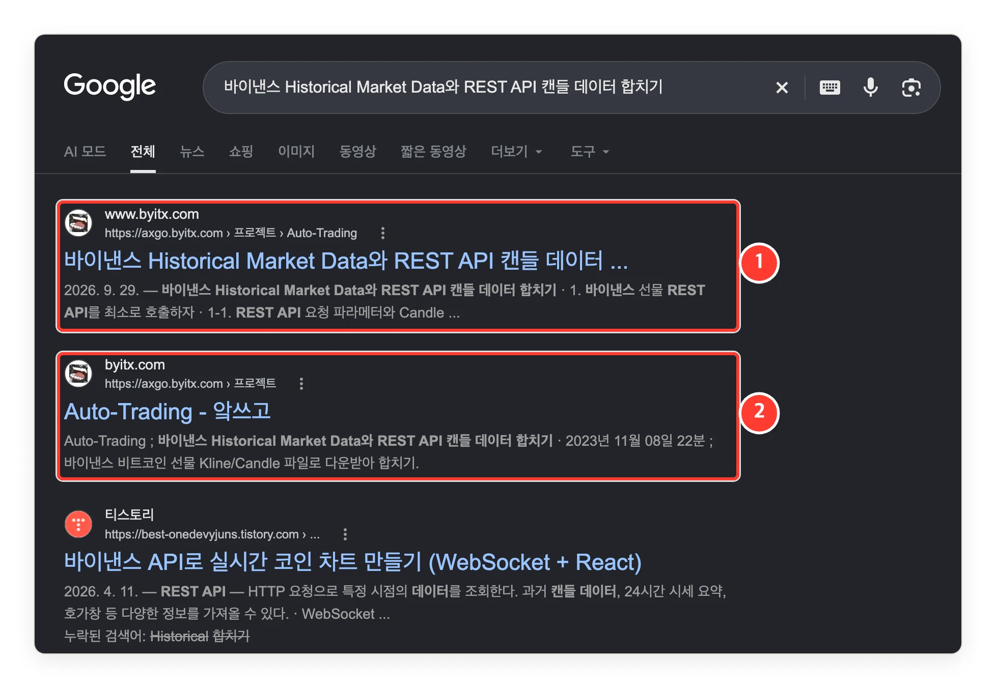 같은 시각 글 제목 구글 검색. axgo.byitx.com 의 글과 카테고리만 나오고 axgo.tistory.com 은 없다
