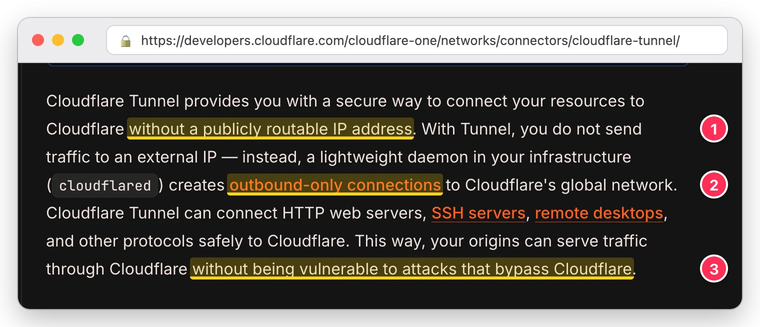 Cloudflare Tunnel 문서에서 공인 IP 없이 연결, 바깥으로만 맺는 연결, Cloudflare를 우회하는 공격에 노출되지 않는다는 문장을 형광펜으로 표시한 화면