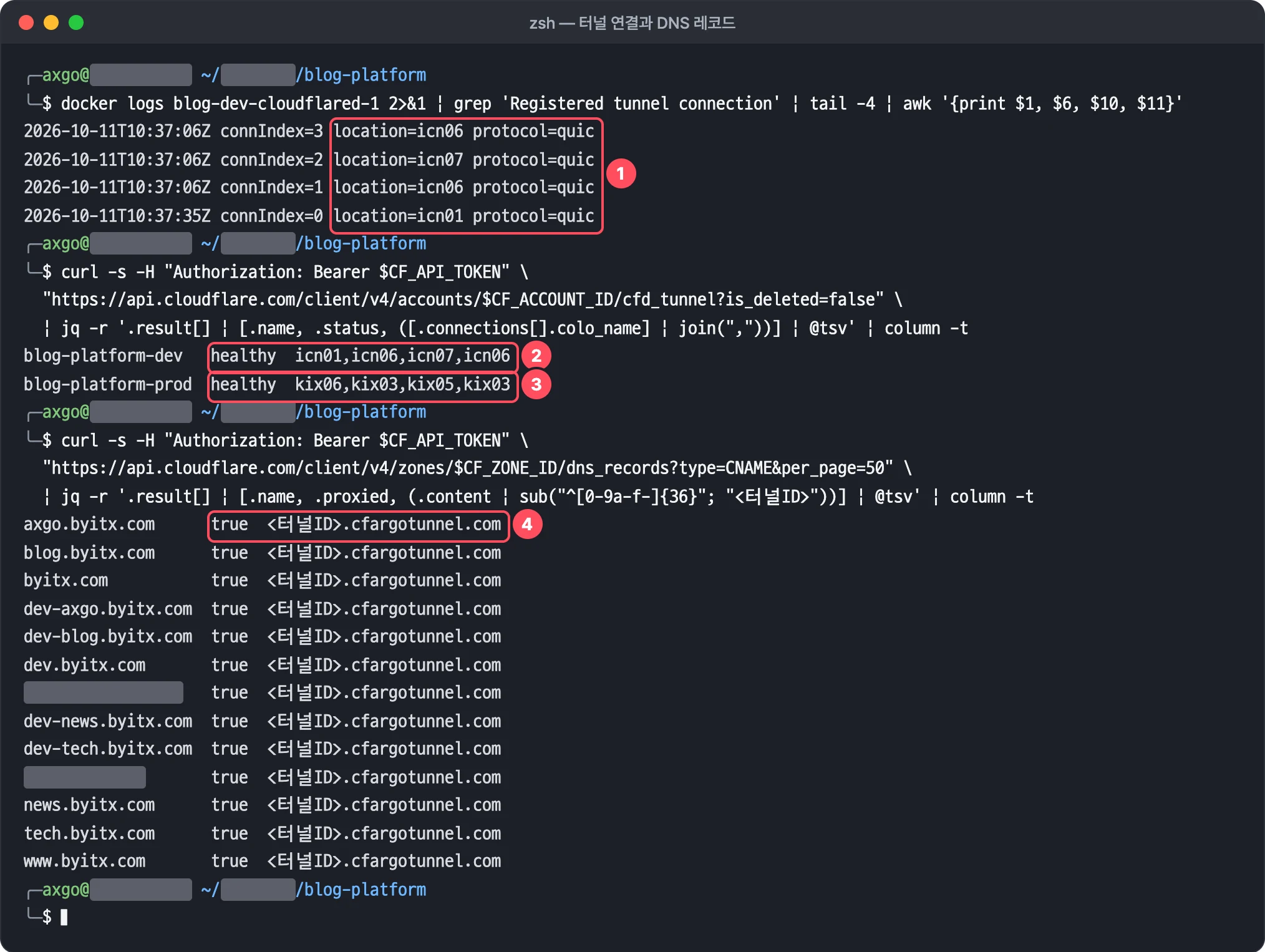 dev cloudflared 로그의 QUIC 연결 위치 icn01·06·07, API 로 본 dev·prod 터널 상태와 연결 PoP, 모든 호스트가 터널 CNAME 인 DNS 목록