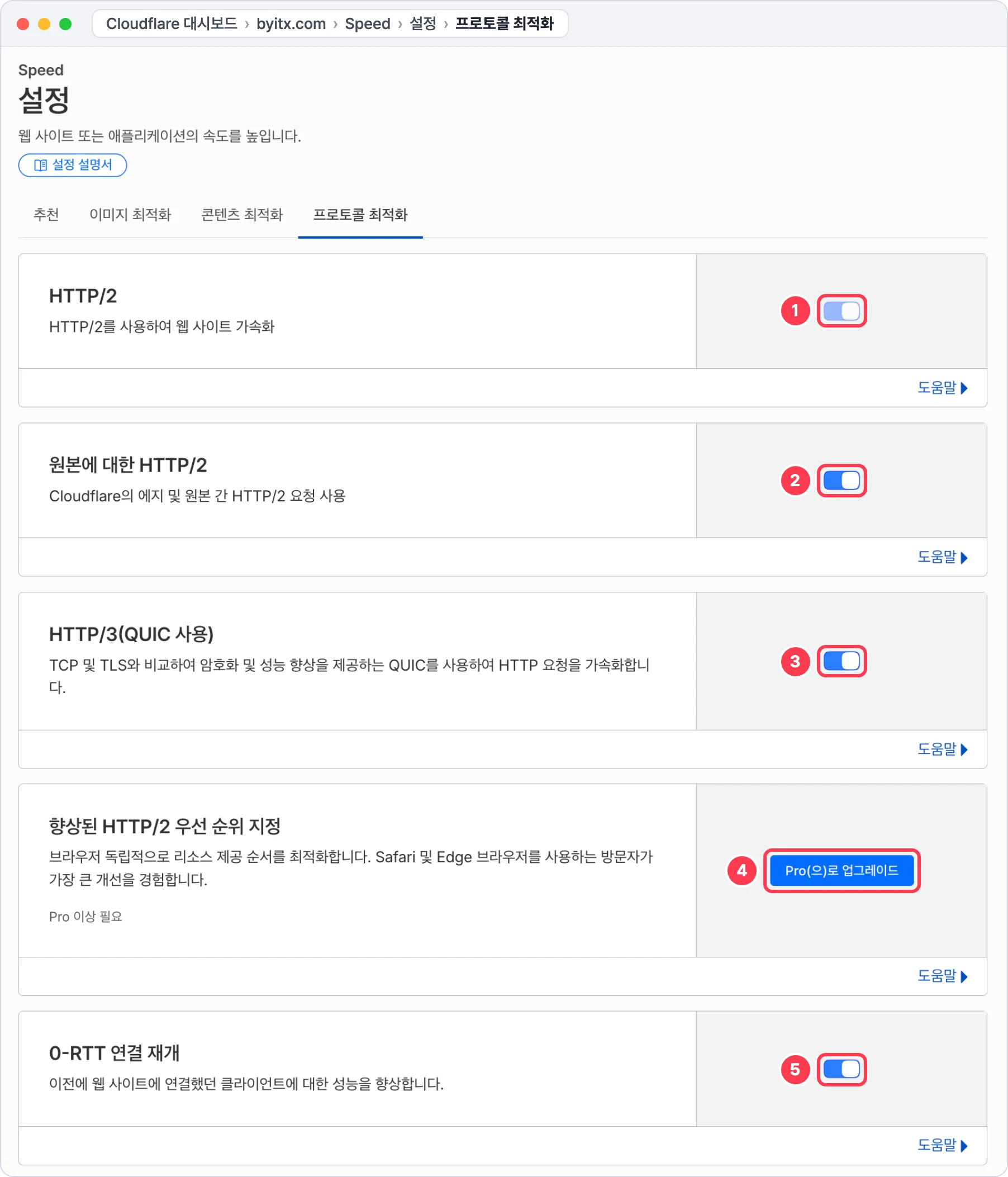 Cloudflare Speed 설정의 프로토콜 최적화 탭: HTTP/2(변경 불가), 원본에 대한 HTTP/2, HTTP/3, Pro 전용 향상된 HTTP/2 우선 순위, 0-RTT 연결 재개