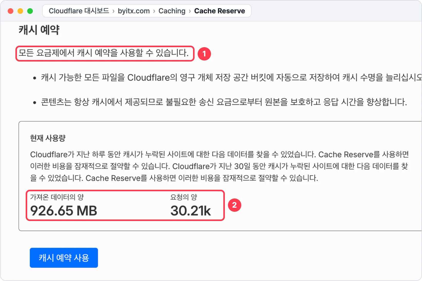 Cloudflare 캐시 예약(Cache Reserve) 화면: 모든 요금제에서 사용할 수 있다는 문구와 지난 30일 가져온 데이터 926.65 MB·요청 30.21k