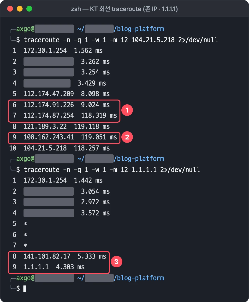 KT 회선 traceroute: KT 백본 안 9ms 에서 다음 홉 118ms 로 뛰어 Cloudflare 시애틀 108.162.243.41 로 이어지고, 1.1.1.1 은 5ms 안에 응답