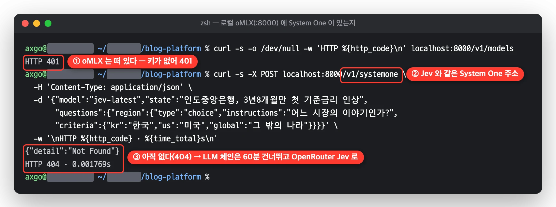 Mac 터미널에서 로컬 oMLX 의 /v1/models 401, /v1/systemone 404 를 확인한 화면
