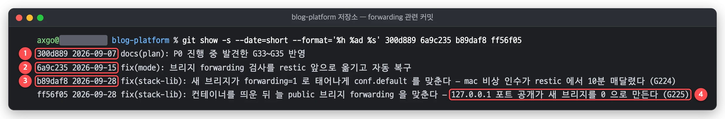 브리지 forwarding 관련 커밋 네 개 — 09-07 첫 발견부터 09-28 127.0.0.1 추정까지