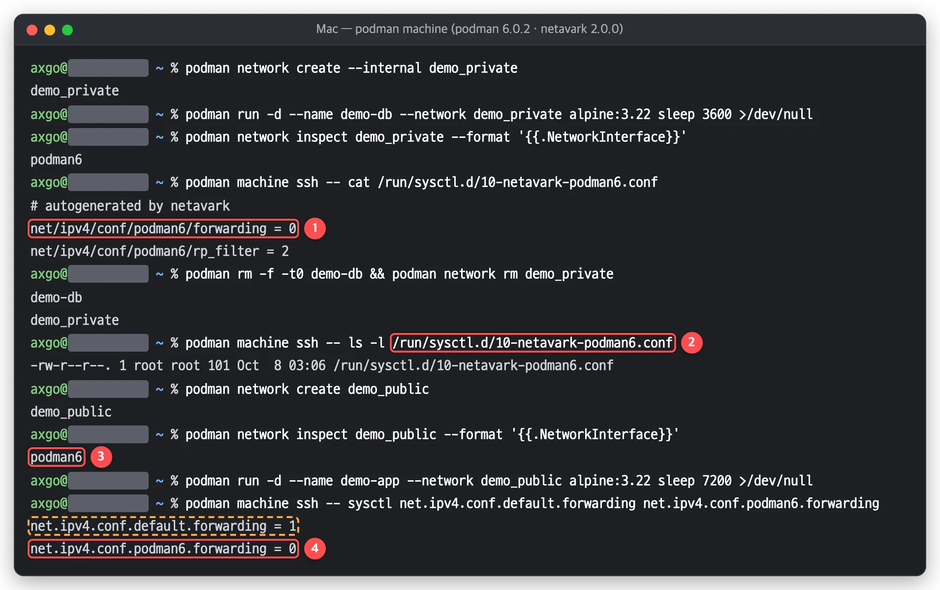 Mac 에서 internal 네트워크가 남긴 netavark sysctl 파일 때문에 새 일반 네트워크 브리지 podman6 의 forwarding 이 0 으로 생긴 재현 화면