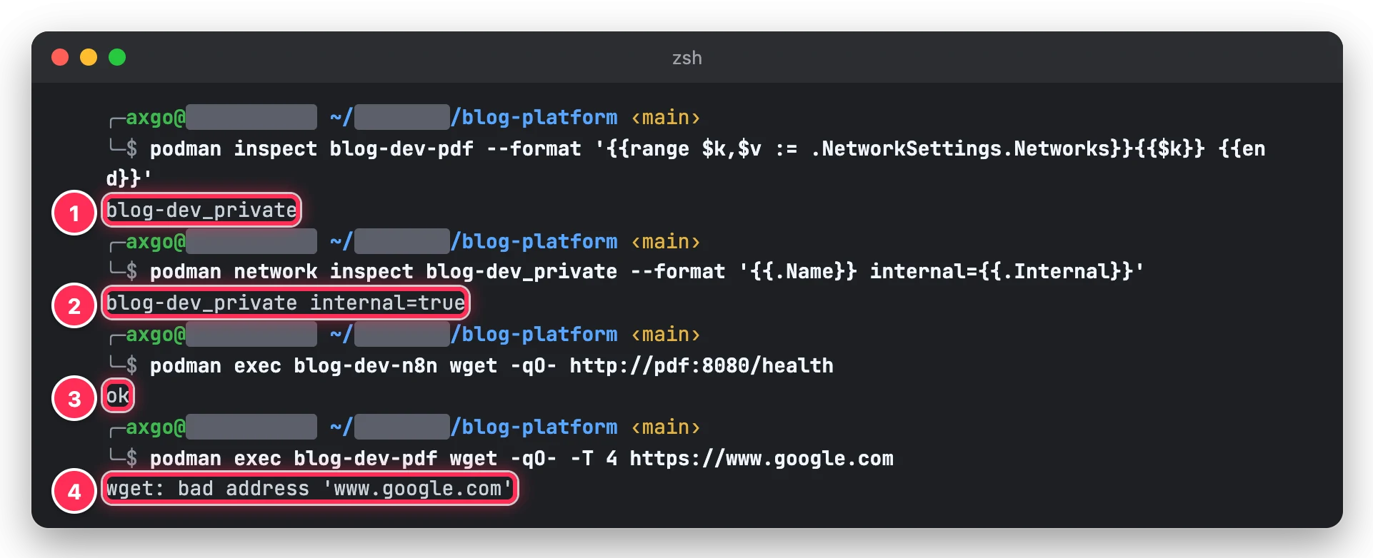 터미널에서 pdf 컨테이너가 blog-dev_private 네트워크 하나에만 연결돼 있고 그 네트워크가 internal 이며, n8n 컨테이너에서 pdf health 호출이 ok 이고 pdf 컨테이너에서는 외부 도메인 조회가 bad address 로 실패하는 결과를 박스로 표시한 화면