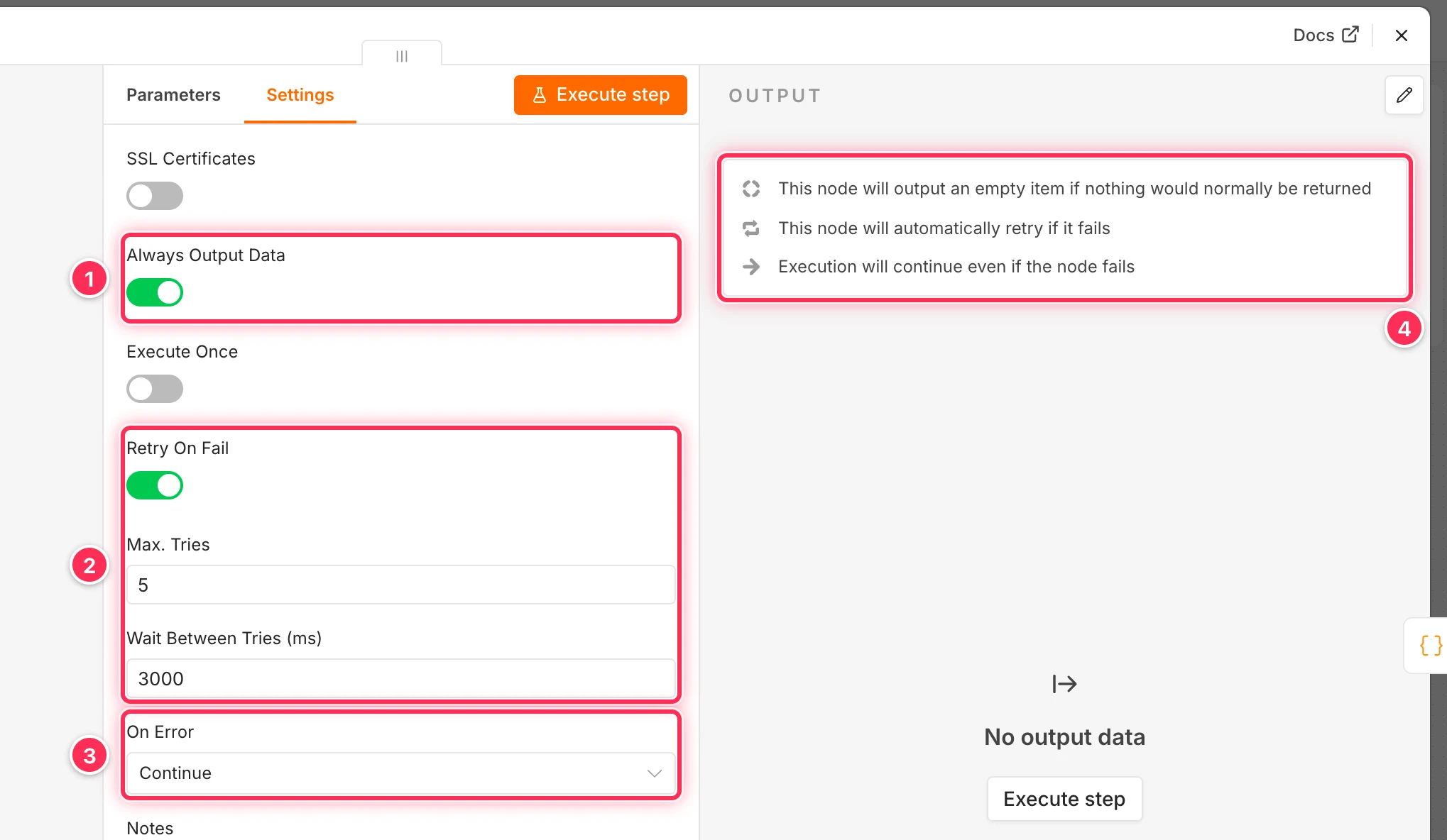 Rescue Card 노드의 Always Output Data, Retry On Fail 과 Max Tries 5·Wait Between Tries 3000, On Error Continue, 오른쪽 요약 세 줄을 박스로 표시한 n8n 화면