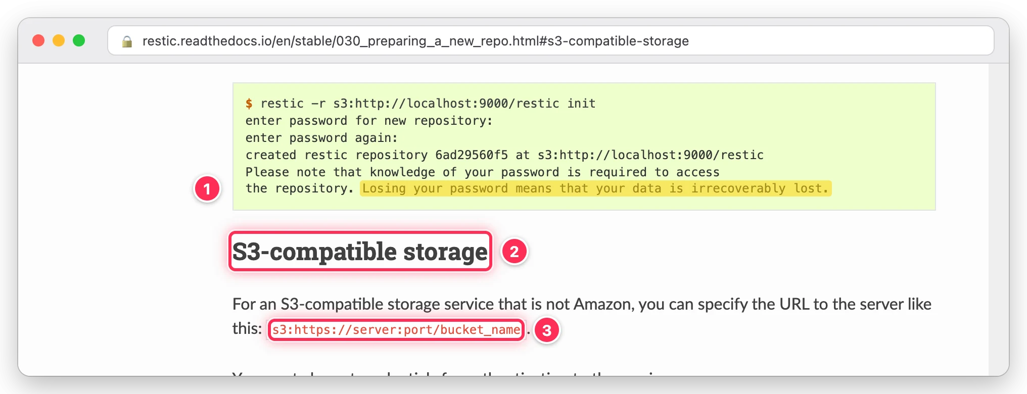 restic 문서에서 비밀번호를 잃으면 데이터가 복구할 수 없게 사라진다는 문장, S3-compatible storage 제목, s3:https://server:port/bucket_name 저장소 주소 형식을 표시한 화면