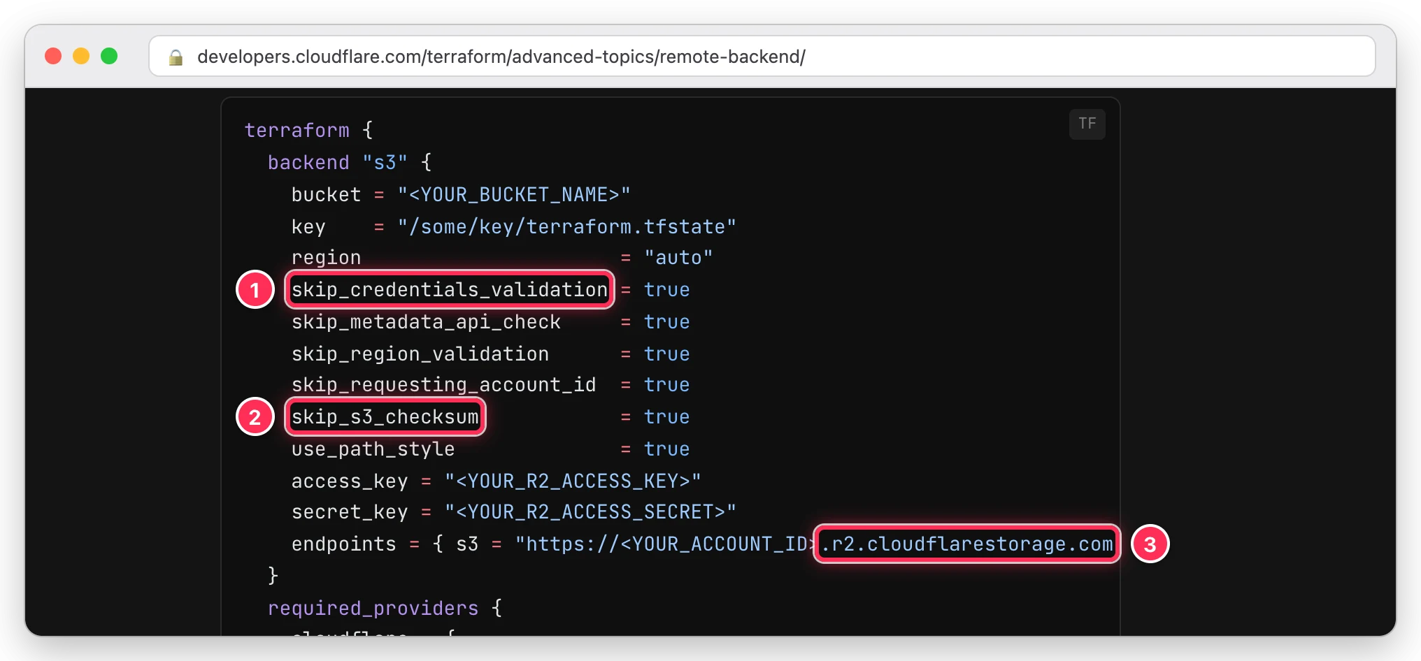 Cloudflare Terraform 문서의 Remote R2 backend 예시에서 skip_credentials_validation, skip_s3_checksum, r2.cloudflarestorage.com 엔드포인트를 표시한 화면