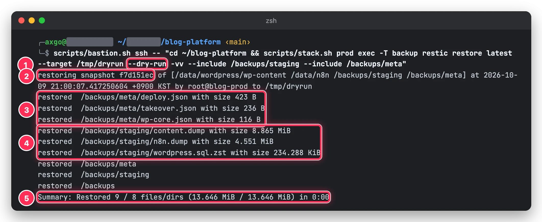 restic restore --dry-run 으로 최신 스냅샷의 meta 파일 세 개와 DB 덤프 세 개, 합계 13.646 MiB 를 복원할 수 있는지 확인한 결과를 박스로 표시한 터미널 화면