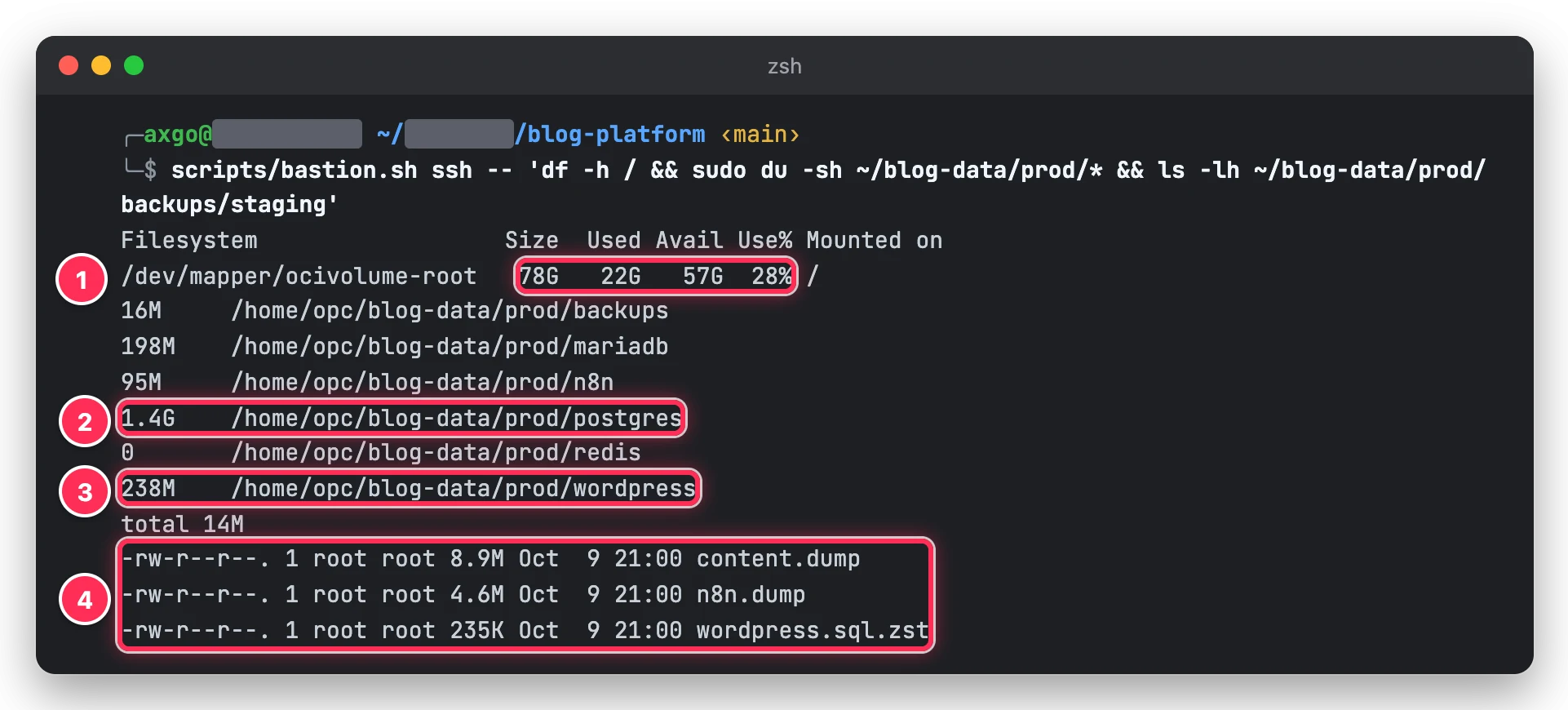 A1 루트 파일시스템 78G 중 22G 사용, postgres 1.4G, wordpress 238M, 백업 스테이징의 DB 덤프 세 개 크기를 박스로 표시한 터미널 화면