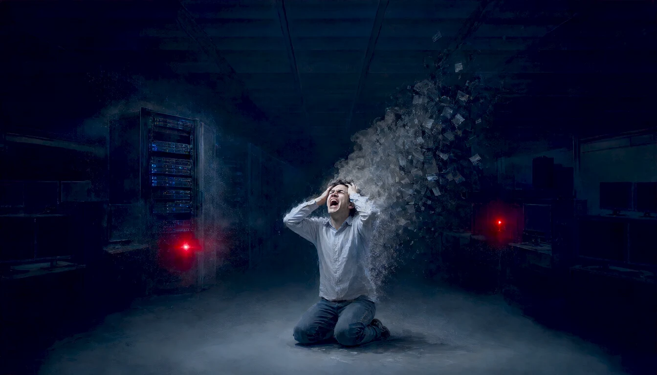 모든 데이터가 휘발되는 순간을 표현한 그림. 어두운 서버실 바닥에 무릎 꿇은 엔지니어가 머리를 움켜쥐고 절규하고, 몸 주변으로 데이터가 재와 조각처럼 흩어진다