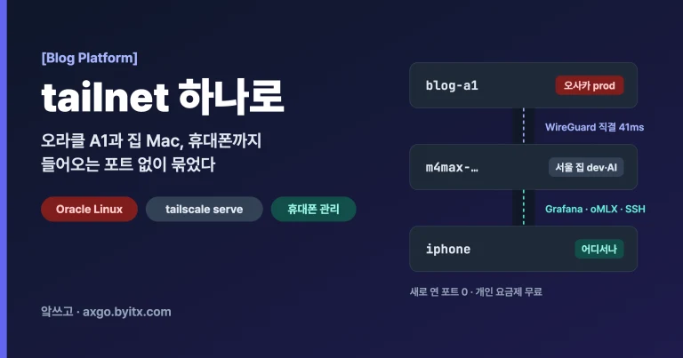 오라클 A1 서버 blog-a1, 서울 집 Mac, 아이폰이 tailnet 하나로 이어지고 A1과 Mac은 WireGuard 직결 41ms, 휴대폰에서는 Grafana·oMLX·SSH를 쓰는 구성을 요약한 대표 이미지