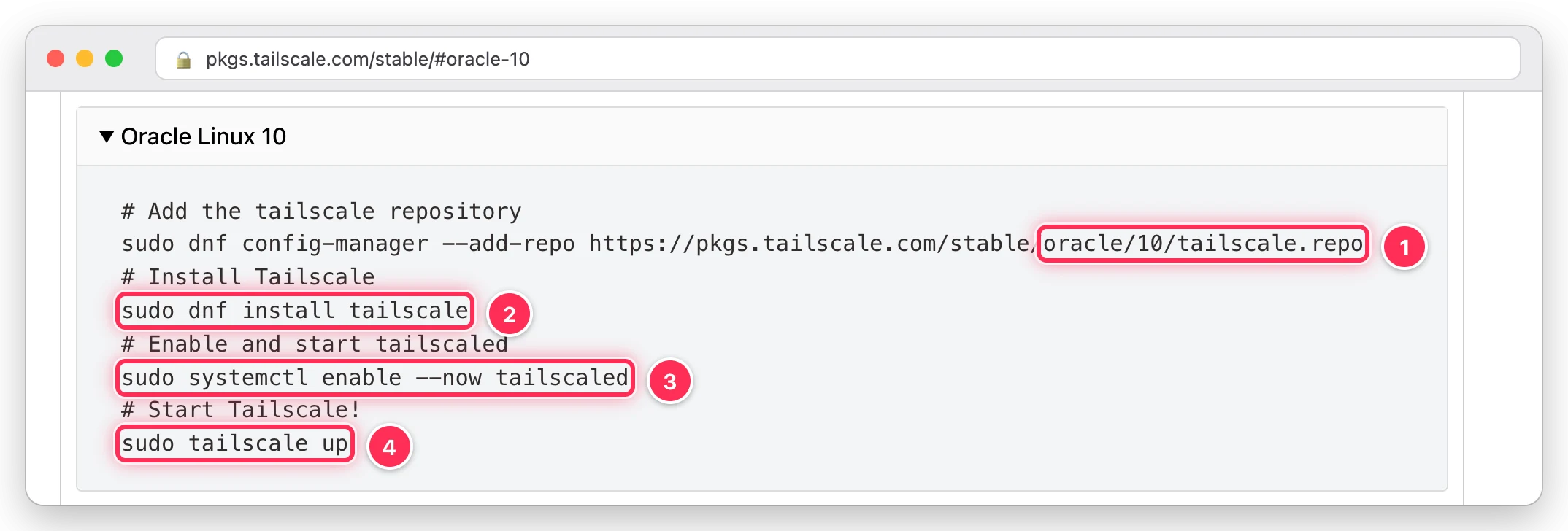 pkgs.tailscale.com의 Oracle Linux 10 항목에서 저장소 추가, dnf install tailscale, systemctl enable --now tailscaled, tailscale up 네 줄을 박스로 표시한 화면