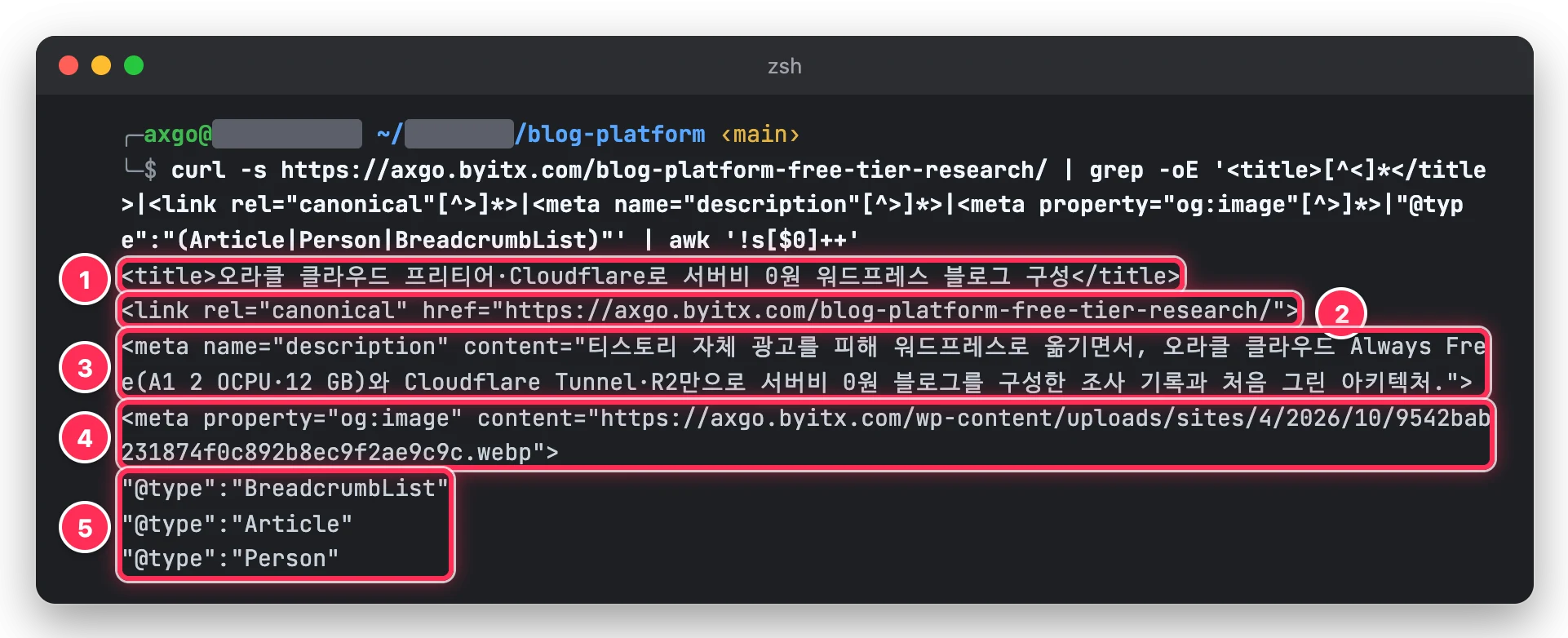 curl 로 axgo 글의 머리말에서 title, canonical, description, og:image, BreadcrumbList, Article, Person 구조화 데이터를 뽑아 박스로 표시한 터미널 화면