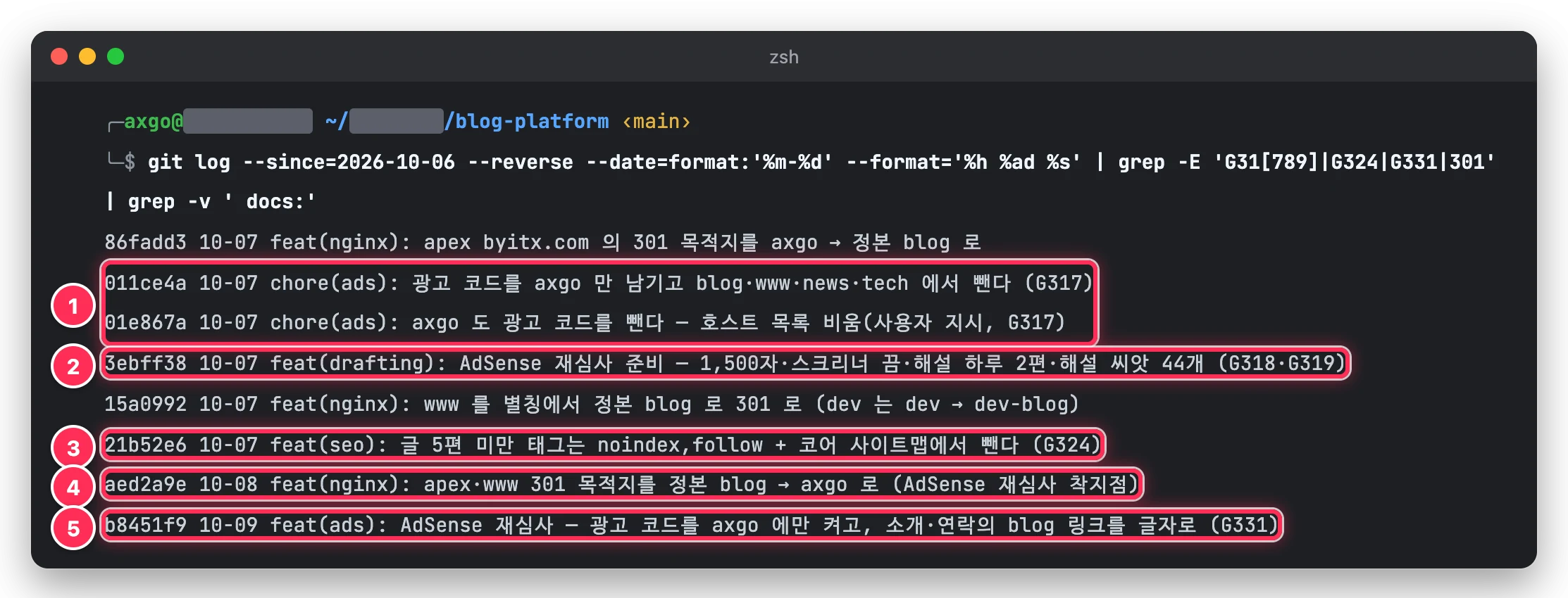 git log 에서 10월 7일부터 9일까지 광고 코드 빼기, blog 글 기준 변경, 태그 noindex, byitx.com 과 www 의 301 목적지를 axgo 로 바꾼 것, axgo 에만 광고 코드를 켠 커밋을 박스로 표시한 터미널 화면